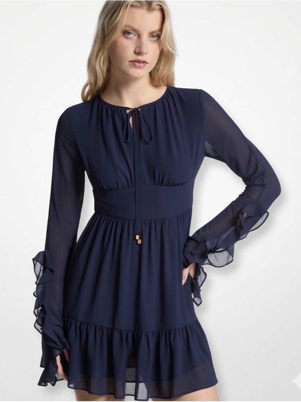 Michael Kors Ruffled Georgette Long-Sleeve Dress